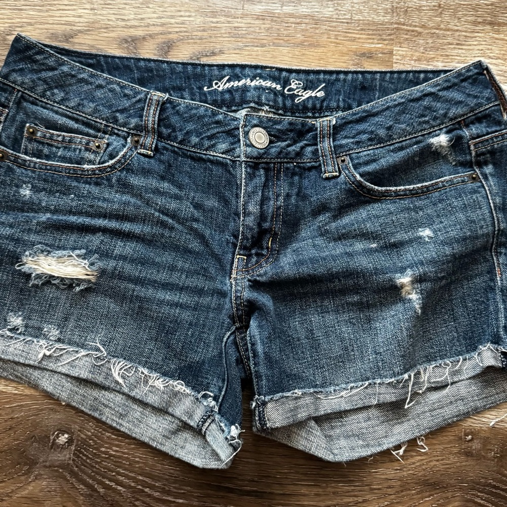American Eagle Outfitters Women's Ripped Jean Shorts - Dark Blue